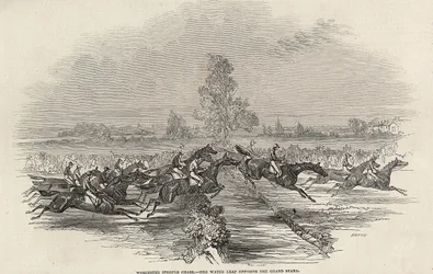 Gonitwa w Worchester Steeple: The Water Leap naprzeciwko Grand Stand, z "The Illustrated London News", 26 kwietnia 1845 r.
